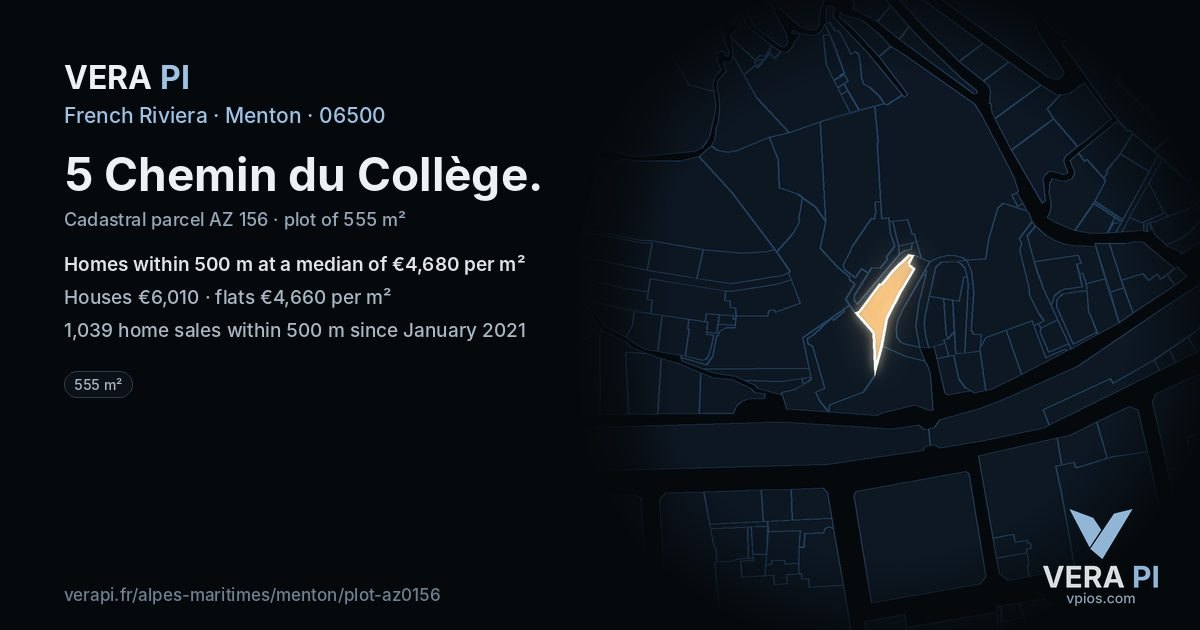 5 Chemin du Collège, Menton at night – the plot lit, the parcels around coloured by the prices near them