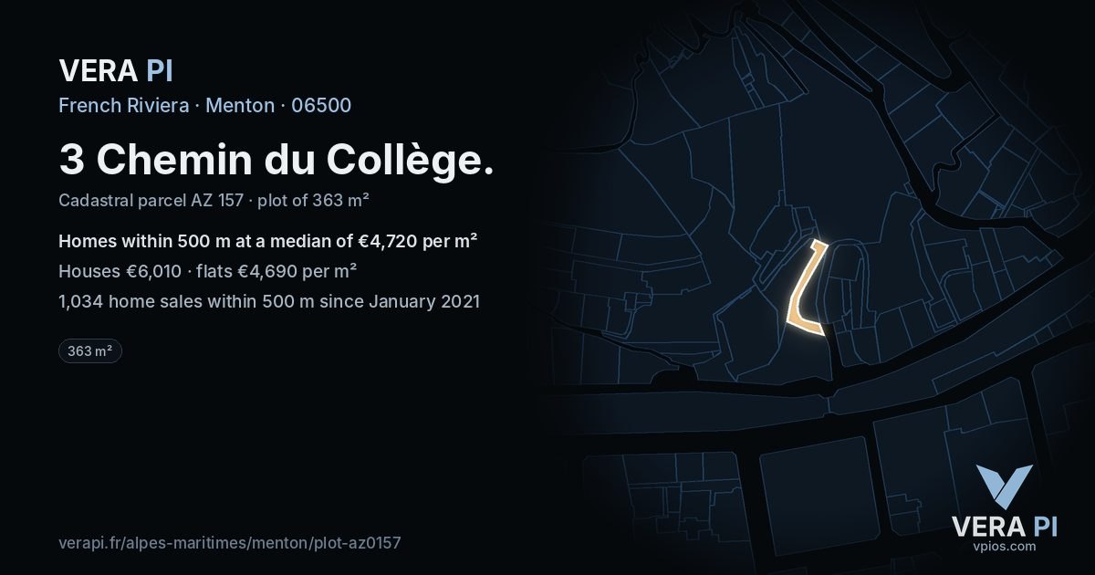 3 Chemin du Collège, Menton at night – the plot lit, the parcels around coloured by the prices near them