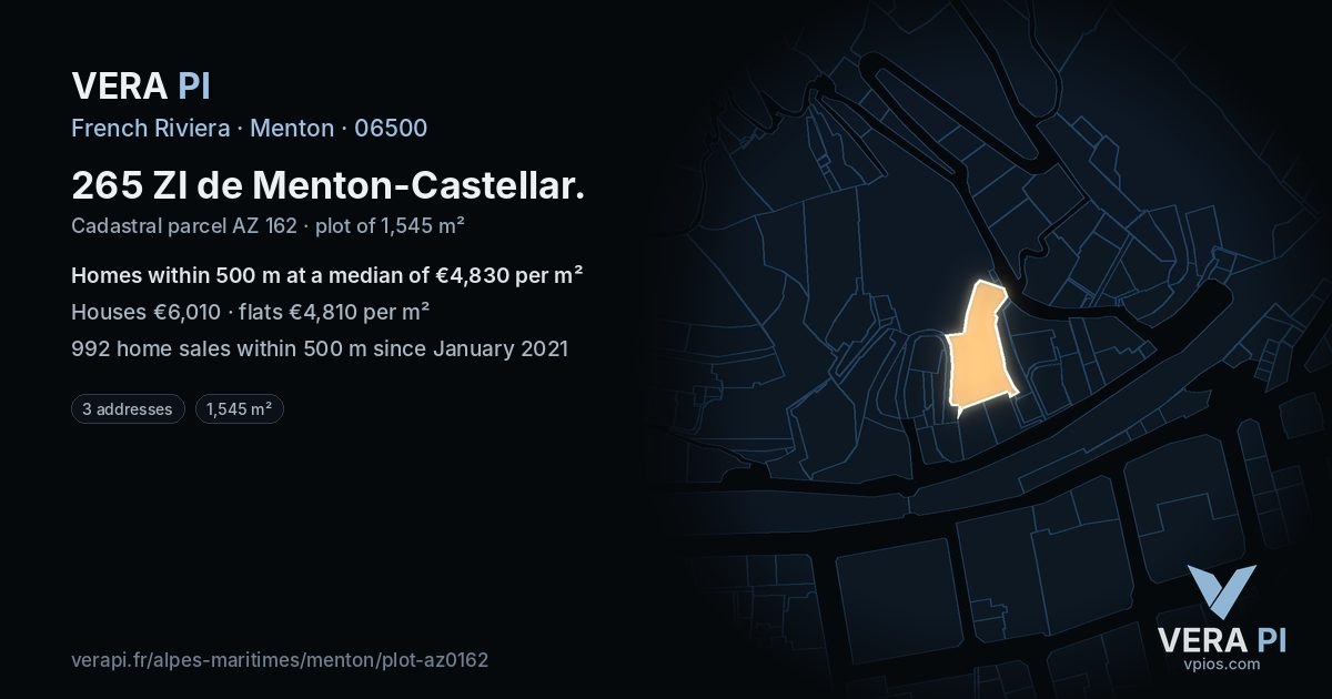 265 ZI de Menton-Castellar, Menton at night – the plot lit, the parcels around coloured by the prices near them