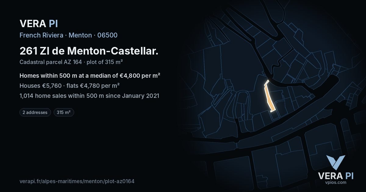 261 ZI de Menton-Castellar, Menton at night – the plot lit, the parcels around coloured by the prices near them