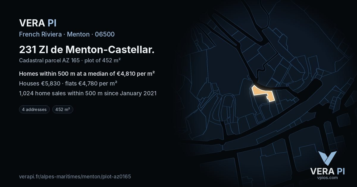 231 ZI de Menton-Castellar, Menton at night – the plot lit, the parcels around coloured by the prices near them