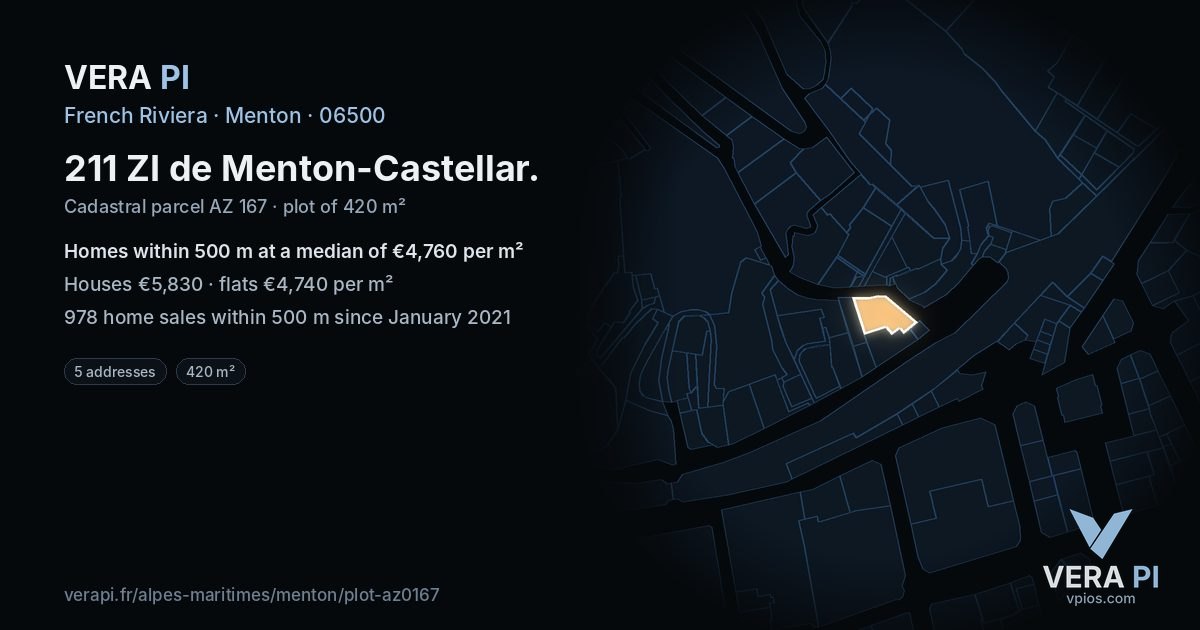 211 ZI de Menton-Castellar, Menton at night – the plot lit, the parcels around coloured by the prices near them