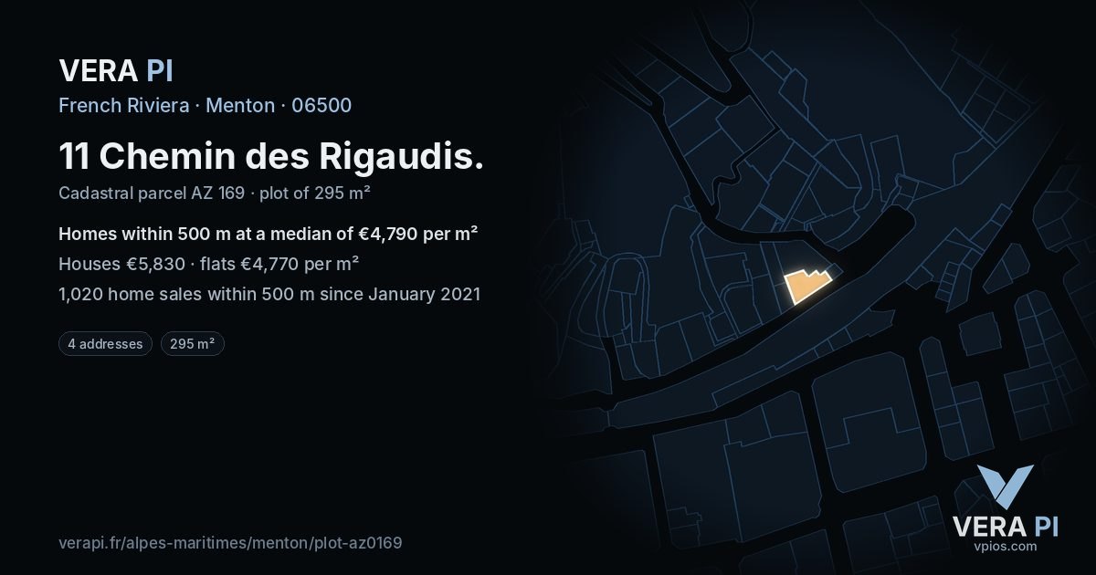 11 Chemin des Rigaudis, Menton at night – the plot lit, the parcels around coloured by the prices near them