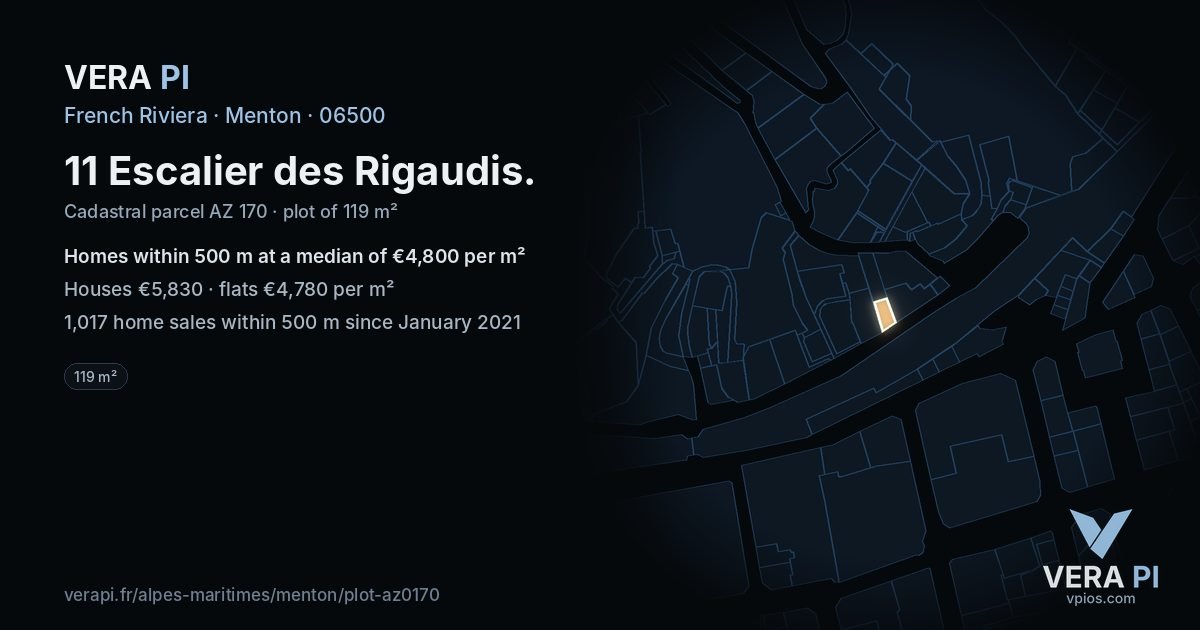 11 Escalier des Rigaudis, Menton at night – the plot lit, the parcels around coloured by the prices near them