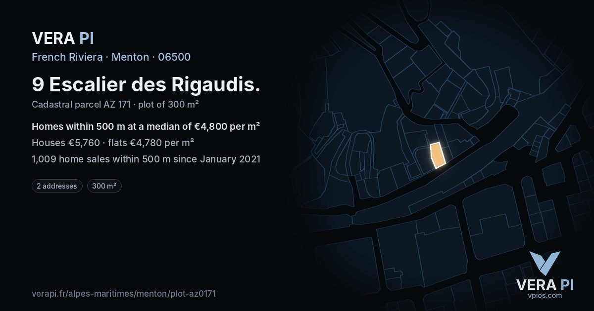 9 Escalier des Rigaudis, Menton at night – the plot lit, the parcels around coloured by the prices near them