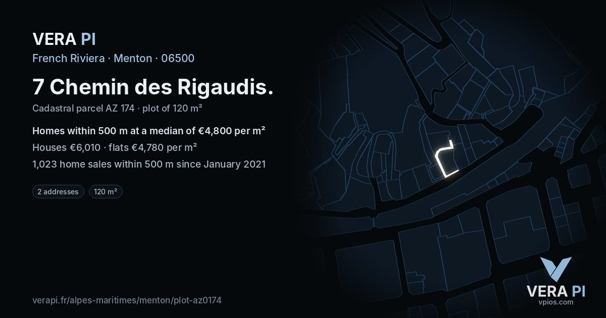 7 Chemin des Rigaudis, Menton at night – the plot lit, the parcels around coloured by the prices near them