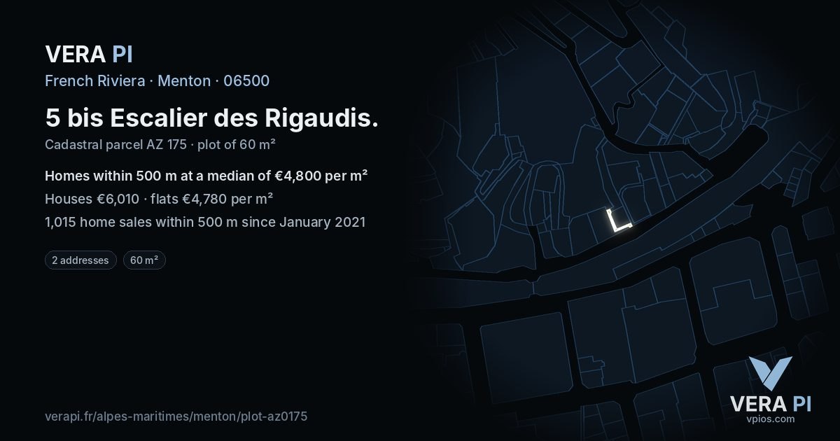 5 bis Escalier des Rigaudis, Menton at night – the plot lit, the parcels around coloured by the prices near them