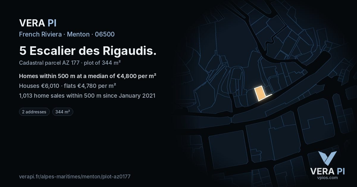 5 Escalier des Rigaudis, Menton at night – the plot lit, the parcels around coloured by the prices near them
