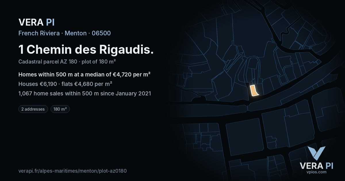 1 Chemin des Rigaudis, Menton at night – the plot lit, the parcels around coloured by the prices near them