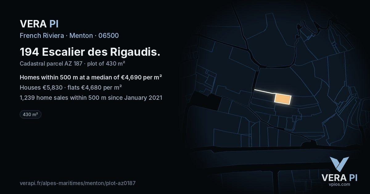 194 Escalier des Rigaudis, Menton at night – the plot lit, the parcels around coloured by the prices near them