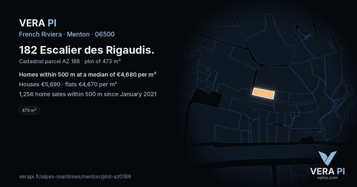 182 Escalier des Rigaudis, Menton at night – the plot lit, the parcels around coloured by the prices near them