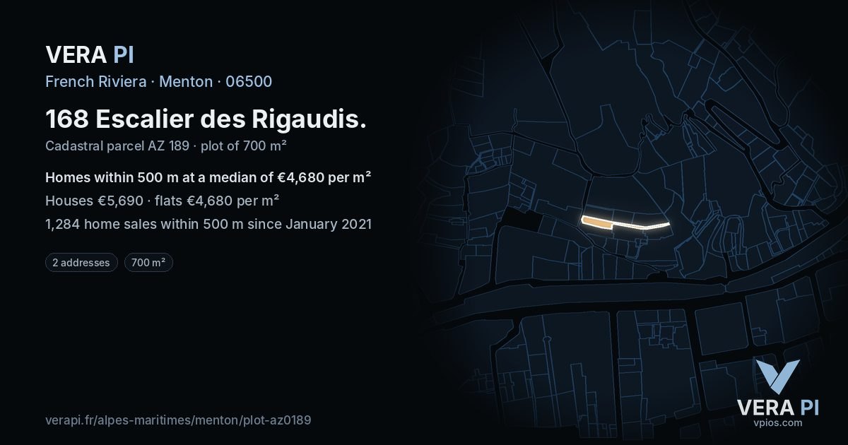 168 Escalier des Rigaudis, Menton at night – the plot lit, the parcels around coloured by the prices near them
