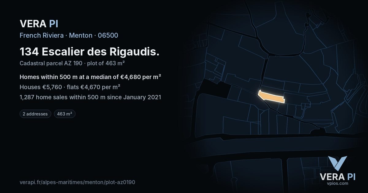 134 Escalier des Rigaudis, Menton at night – the plot lit, the parcels around coloured by the prices near them