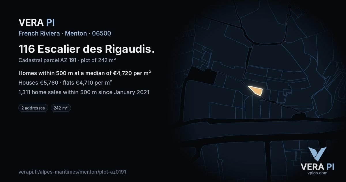 116 Escalier des Rigaudis, Menton at night – the plot lit, the parcels around coloured by the prices near them
