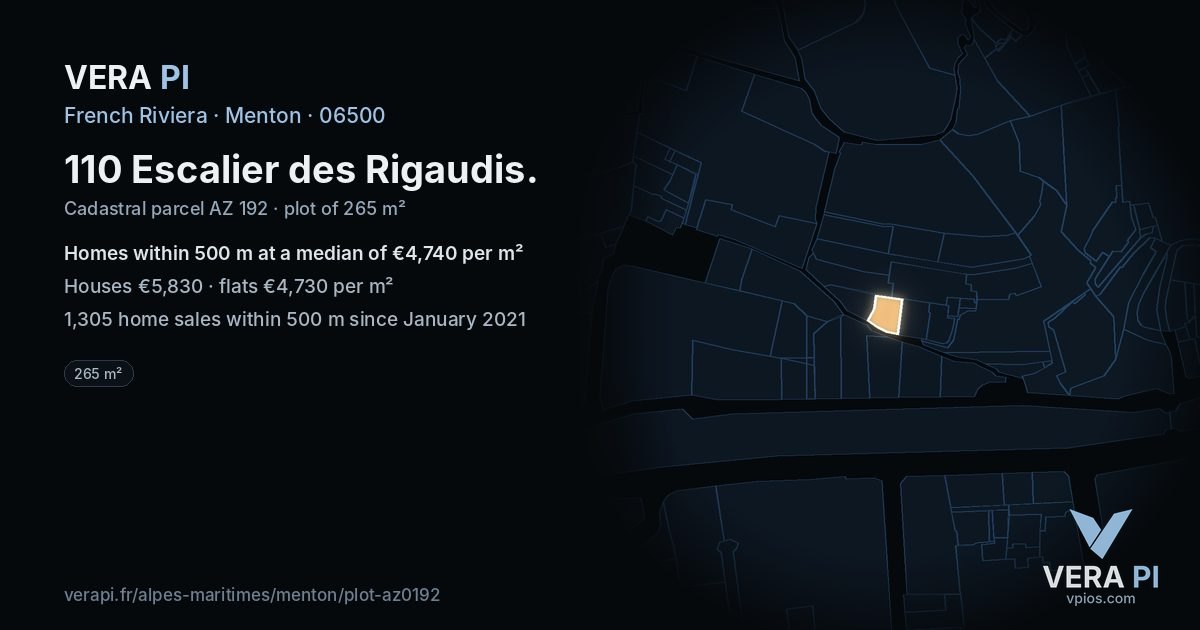 110 Escalier des Rigaudis, Menton at night – the plot lit, the parcels around coloured by the prices near them