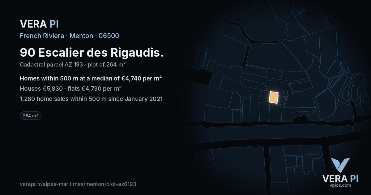 90 Escalier des Rigaudis, Menton at night – the plot lit, the parcels around coloured by the prices near them