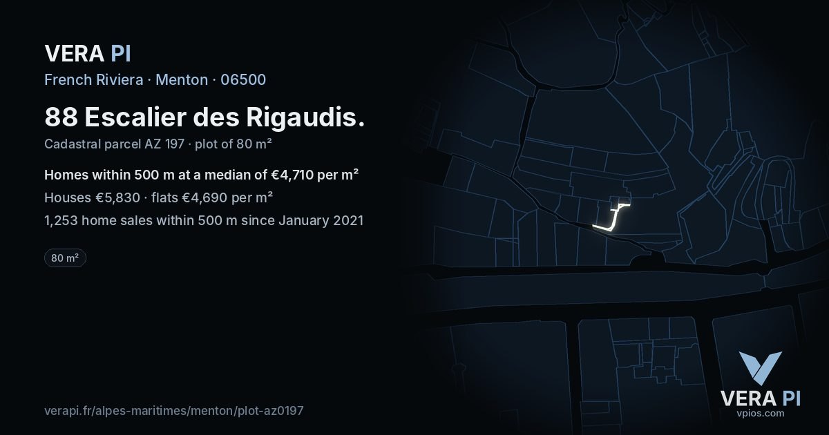 88 Escalier des Rigaudis, Menton at night – the plot lit, the parcels around coloured by the prices near them