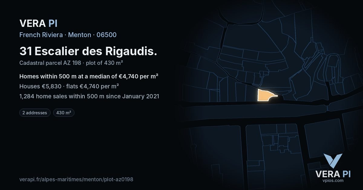 31 Escalier des Rigaudis, Menton at night – the plot lit, the parcels around coloured by the prices near them