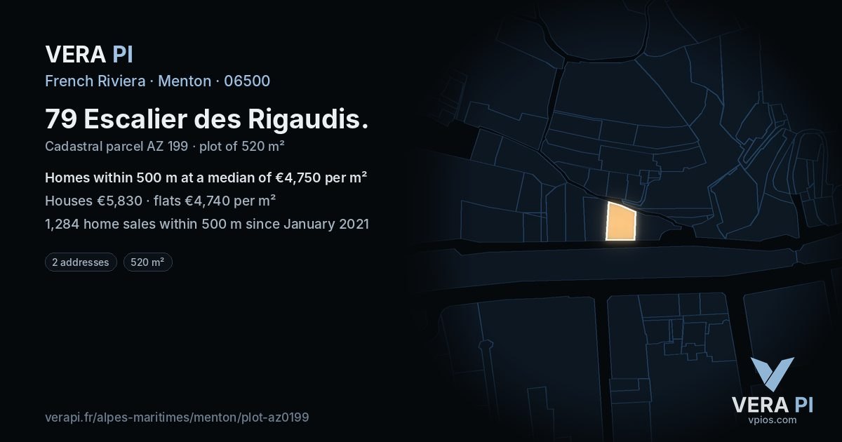 79 Escalier des Rigaudis, Menton at night – the plot lit, the parcels around coloured by the prices near them