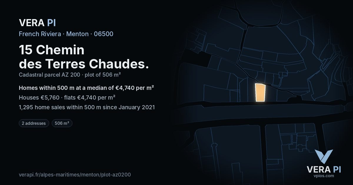 15 Chemin des Terres Chaudes, Menton at night – the plot lit, the parcels around coloured by the prices near them
