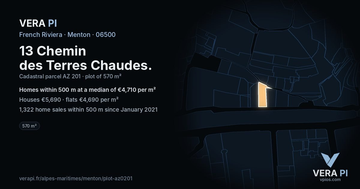 13 Chemin des Terres Chaudes, Menton at night – the plot lit, the parcels around coloured by the prices near them