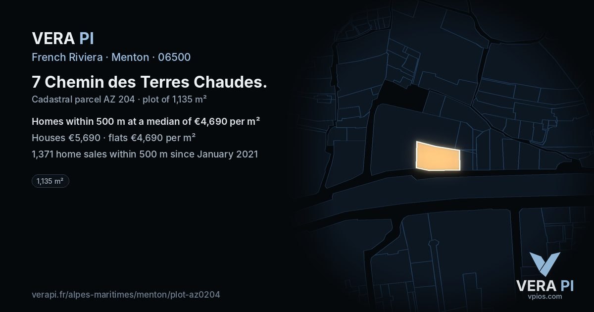 7 Chemin des Terres Chaudes, Menton at night – the plot lit, the parcels around coloured by the prices near them