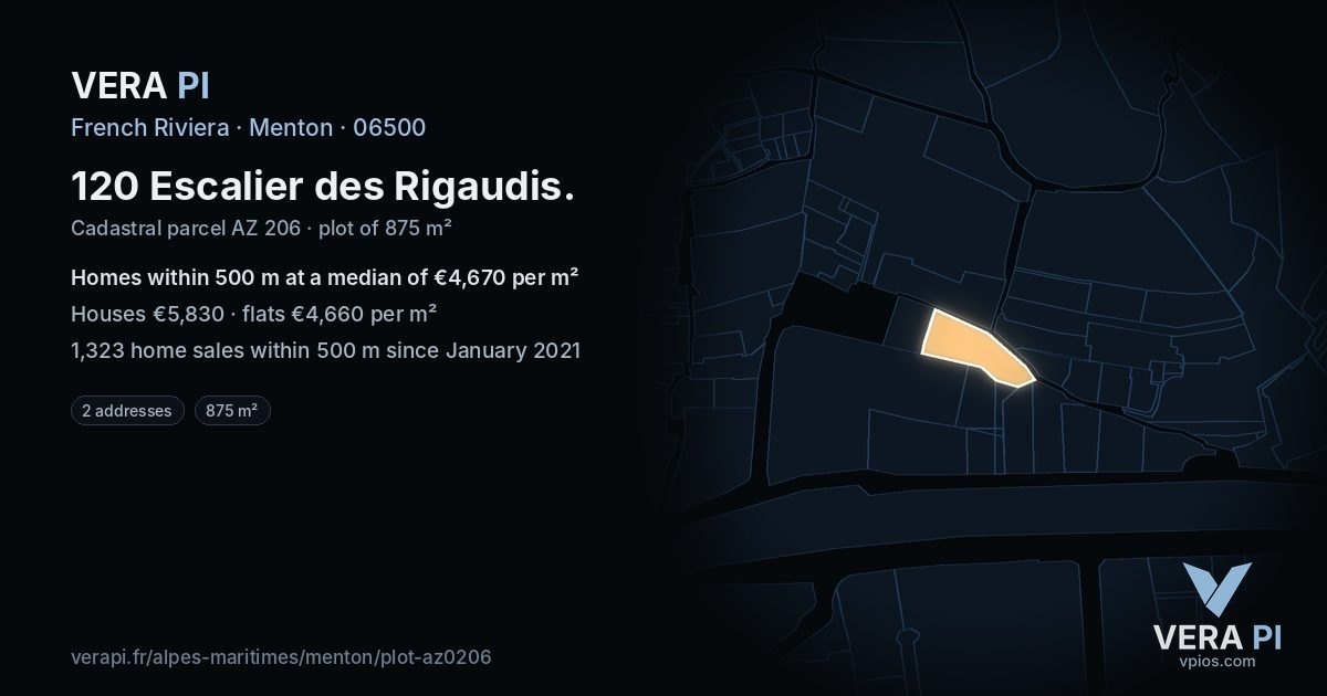 120 Escalier des Rigaudis, Menton at night – the plot lit, the parcels around coloured by the prices near them