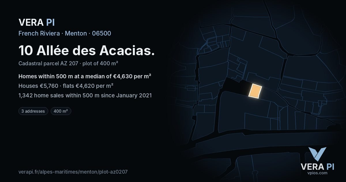 10 Allée des Acacias, Menton at night – the plot lit, the parcels around coloured by the prices near them
