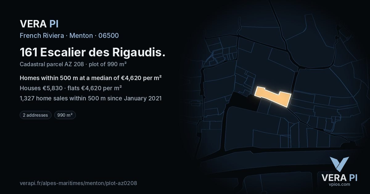 161 Escalier des Rigaudis, Menton at night – the plot lit, the parcels around coloured by the prices near them