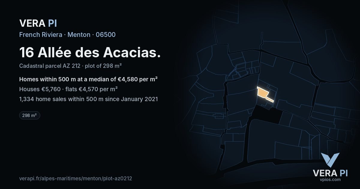 16 Allée des Acacias, Menton at night – the plot lit, the parcels around coloured by the prices near them