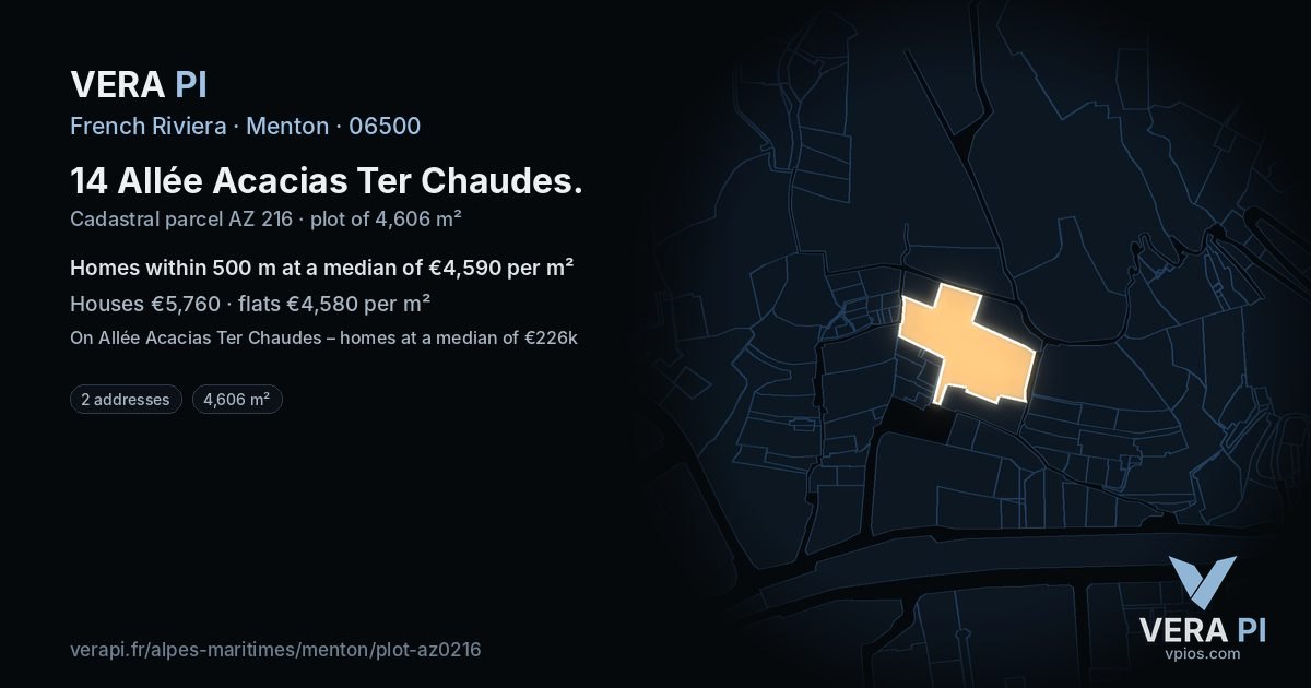 14 Allée Acacias Ter Chaudes, Menton at night – the plot lit, the parcels around coloured by the prices near them