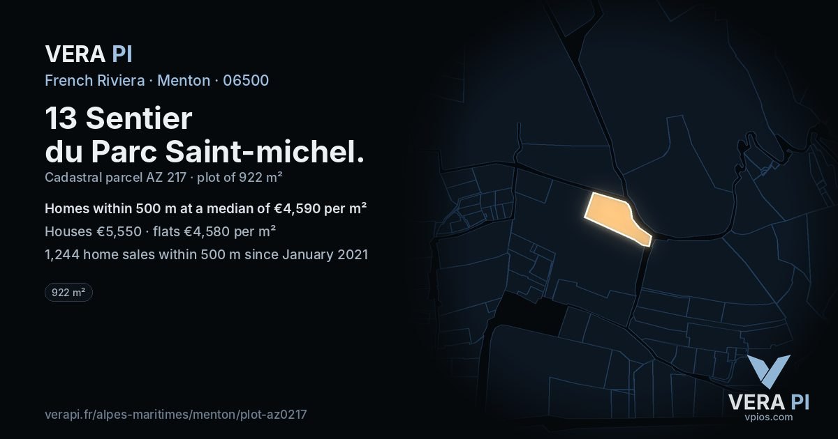 13 Sentier du Parc Saint-michel, Menton at night – the plot lit, the parcels around coloured by the prices near them
