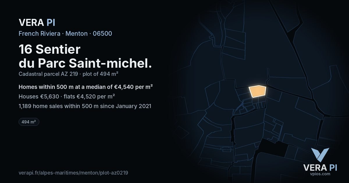 16 Sentier du Parc Saint-michel, Menton at night – the plot lit, the parcels around coloured by the prices near them
