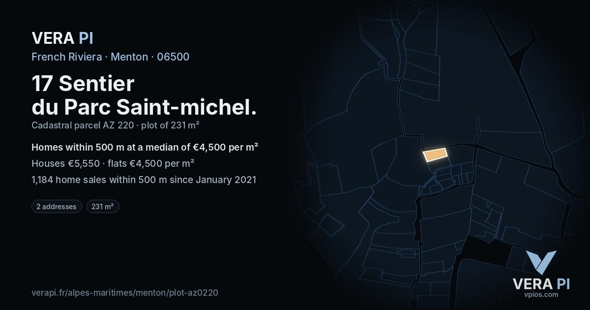 17 Sentier du Parc Saint-michel, Menton at night – the plot lit, the parcels around coloured by the prices near them
