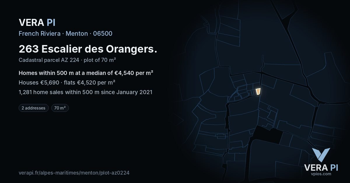 263 Escalier des Orangers, Menton at night – the plot lit, the parcels around coloured by the prices near them