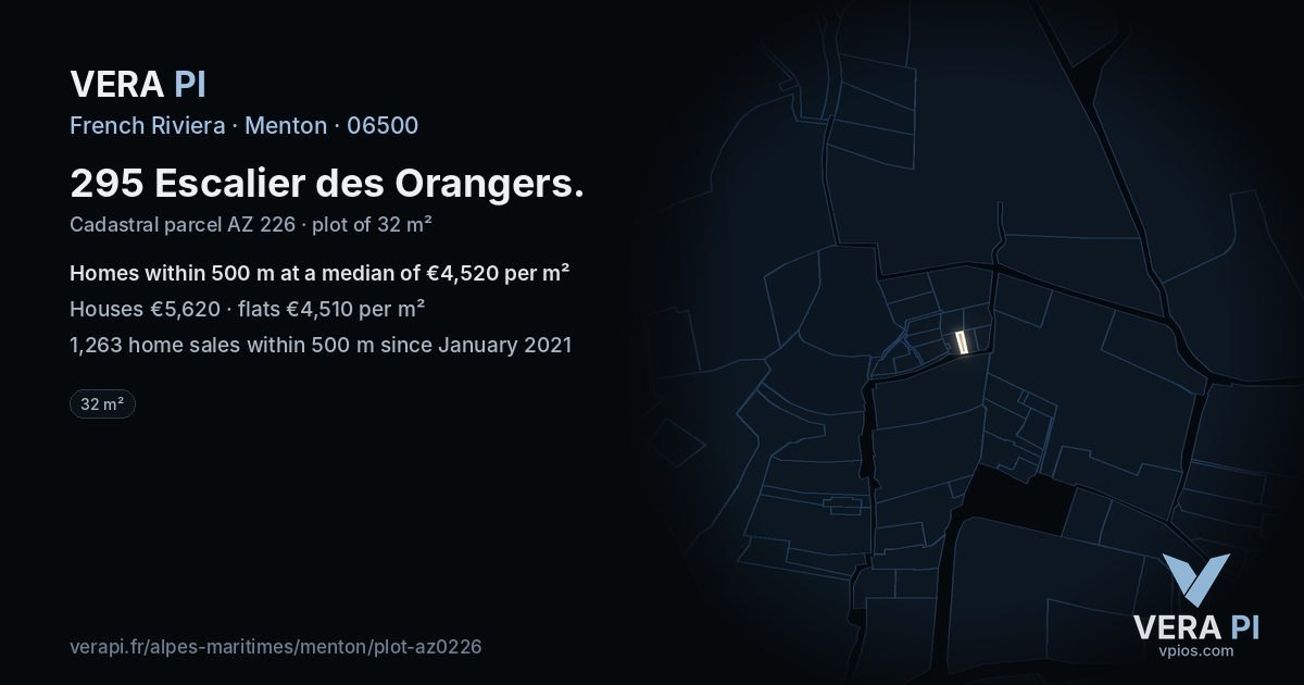 295 Escalier des Orangers, Menton at night – the plot lit, the parcels around coloured by the prices near them