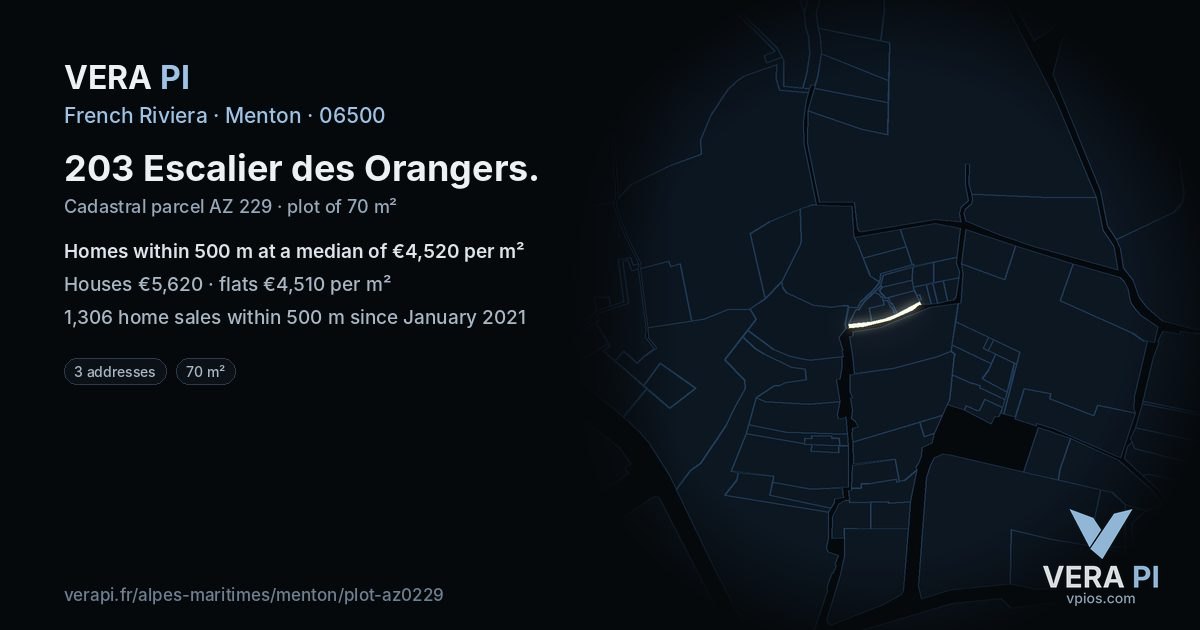 203 Escalier des Orangers, Menton at night – the plot lit, the parcels around coloured by the prices near them