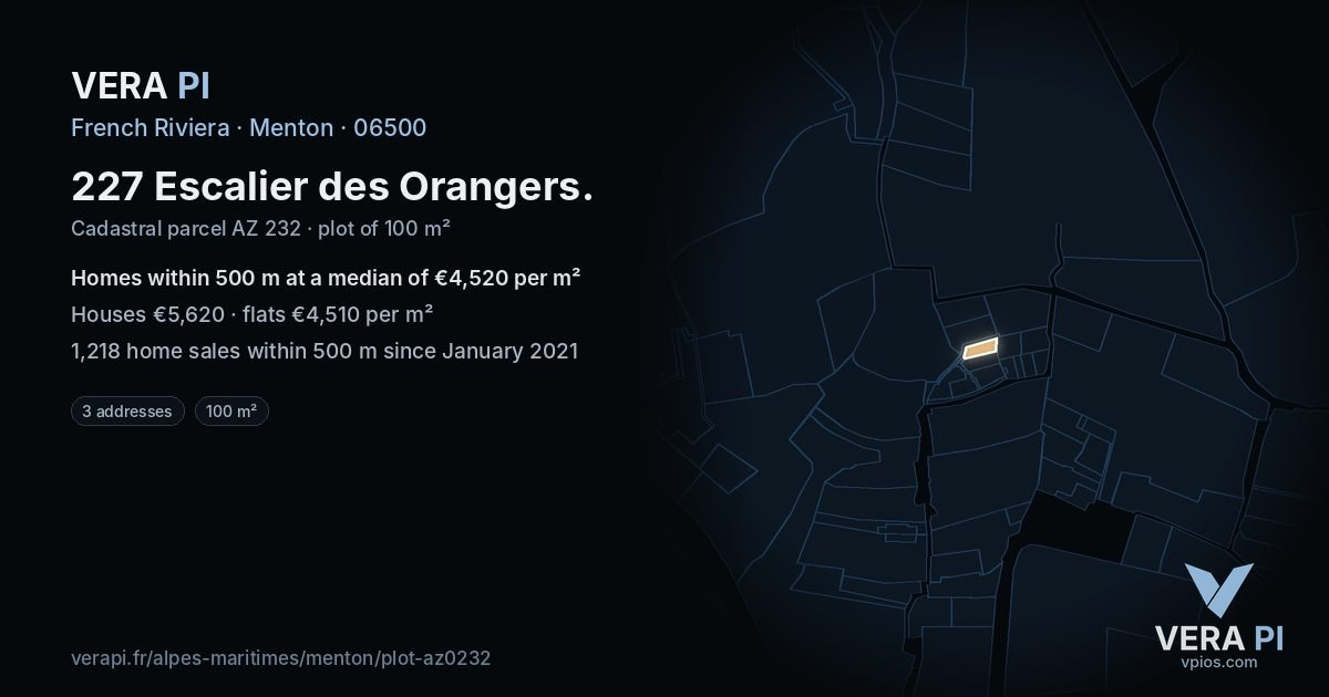 227 Escalier des Orangers, Menton at night – the plot lit, the parcels around coloured by the prices near them