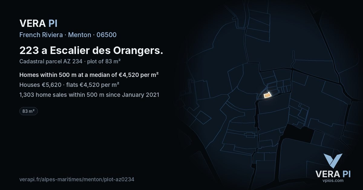 223 a Escalier des Orangers, Menton at night – the plot lit, the parcels around coloured by the prices near them