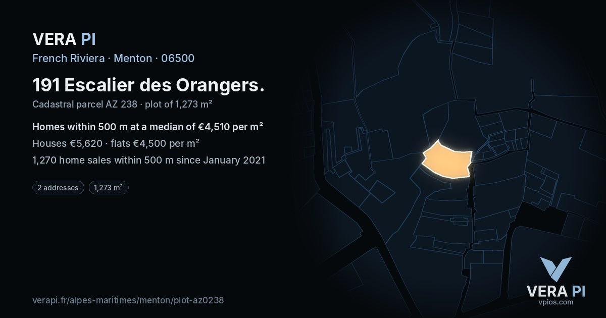 191 Escalier des Orangers, Menton at night – the plot lit, the parcels around coloured by the prices near them
