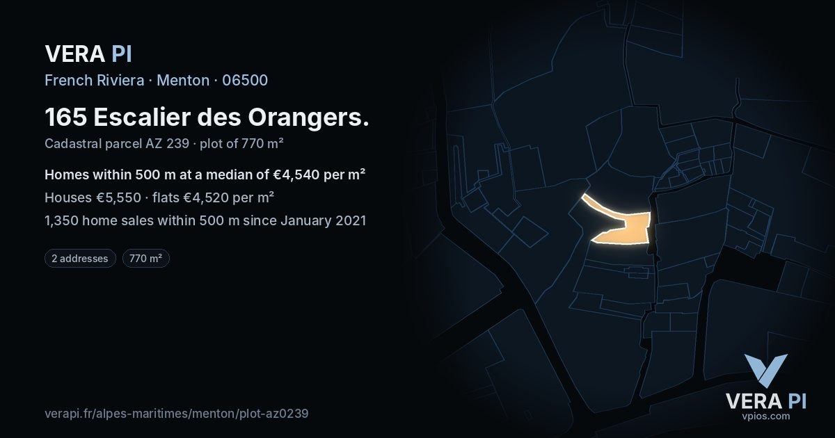 165 Escalier des Orangers, Menton at night – the plot lit, the parcels around coloured by the prices near them