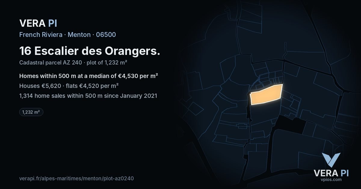 16 Escalier des Orangers, Menton at night – the plot lit, the parcels around coloured by the prices near them