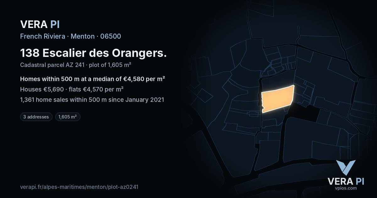 138 Escalier des Orangers, Menton at night – the plot lit, the parcels around coloured by the prices near them