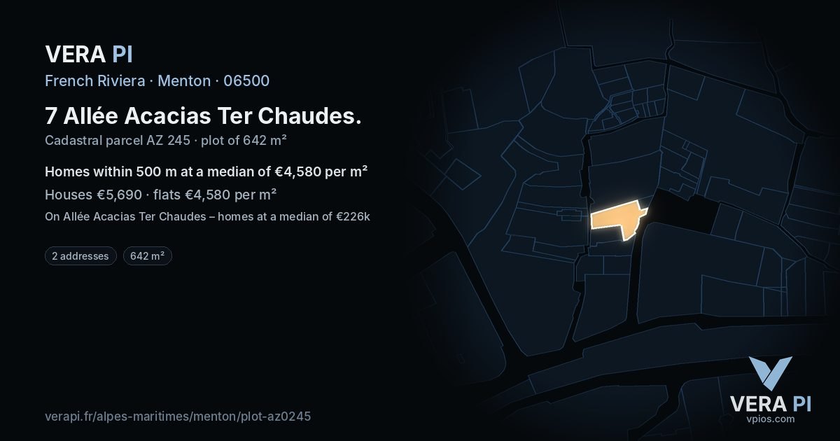 7 Allée Acacias Ter Chaudes, Menton at night – the plot lit, the parcels around coloured by the prices near them