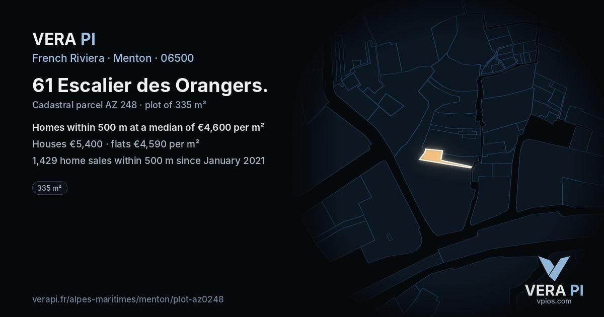 61 Escalier des Orangers, Menton at night – the plot lit, the parcels around coloured by the prices near them