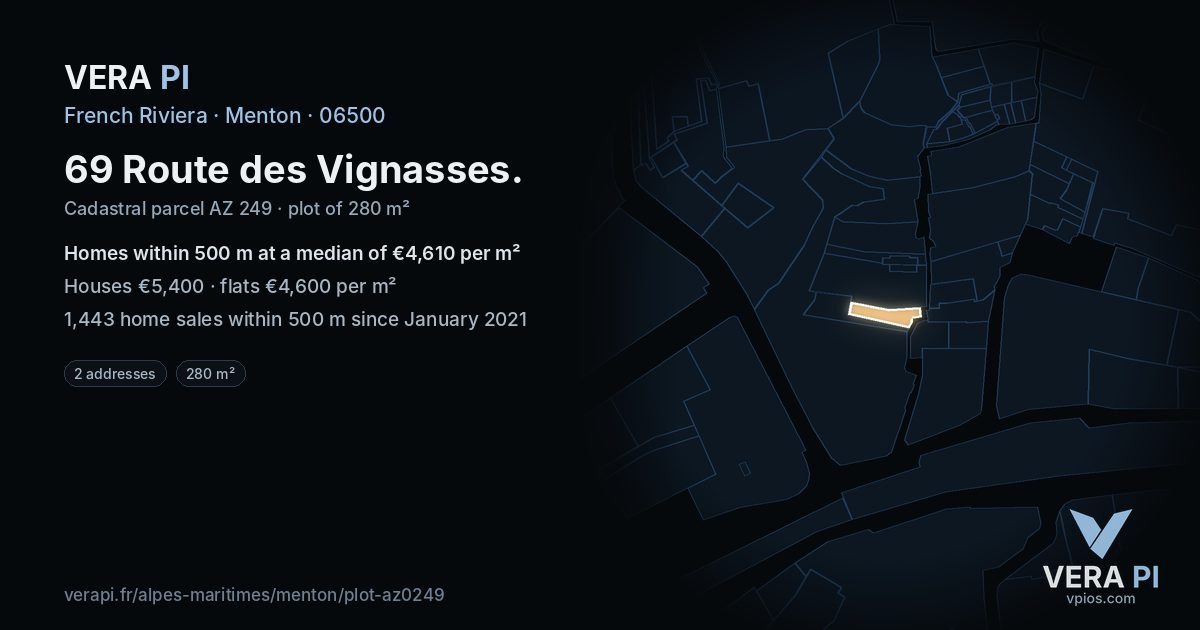 69 Route des Vignasses, Menton at night – the plot lit, the parcels around coloured by the prices near them