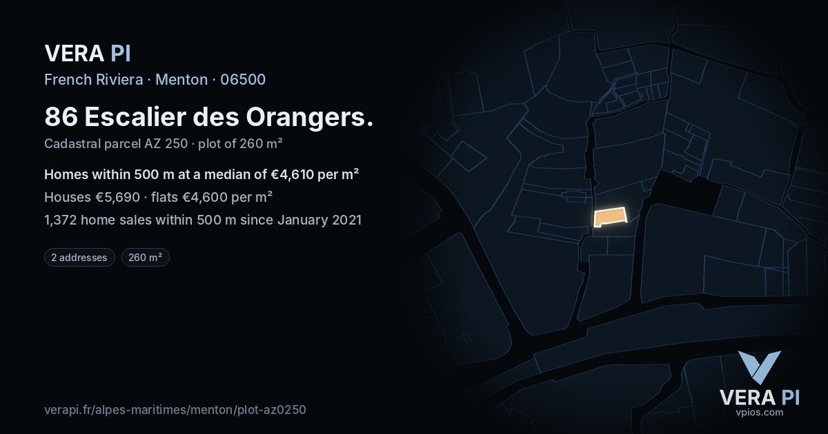 86 Escalier des Orangers, Menton at night – the plot lit, the parcels around coloured by the prices near them