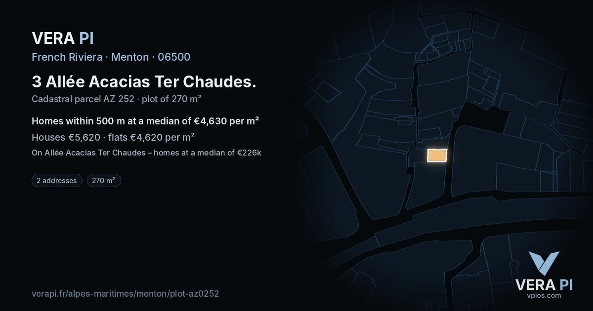 3 Allée Acacias Ter Chaudes, Menton at night – the plot lit, the parcels around coloured by the prices near them