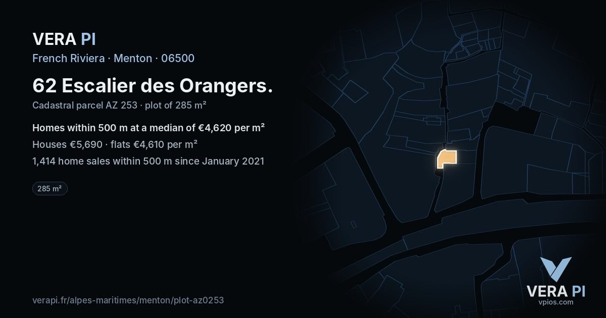 62 Escalier des Orangers, Menton at night – the plot lit, the parcels around coloured by the prices near them