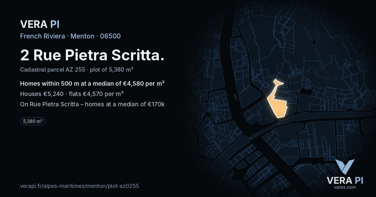 2 Rue Pietra Scritta, Menton at night – the plot lit, the parcels around coloured by the prices near them